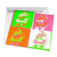 Pop Art style card with Santa Claus in four bold neon variations: green, pink, orange, and white, paired with a white envelope.