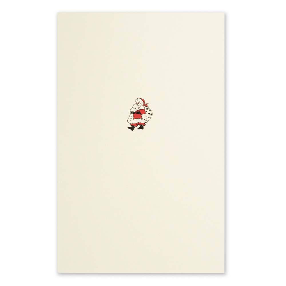 Minimalist cream Christmas card with a small Santa Claus illustration in red, black, and white.