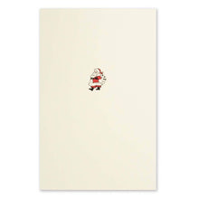 Minimalist cream Christmas card with a small Santa Claus illustration in red, black, and white.