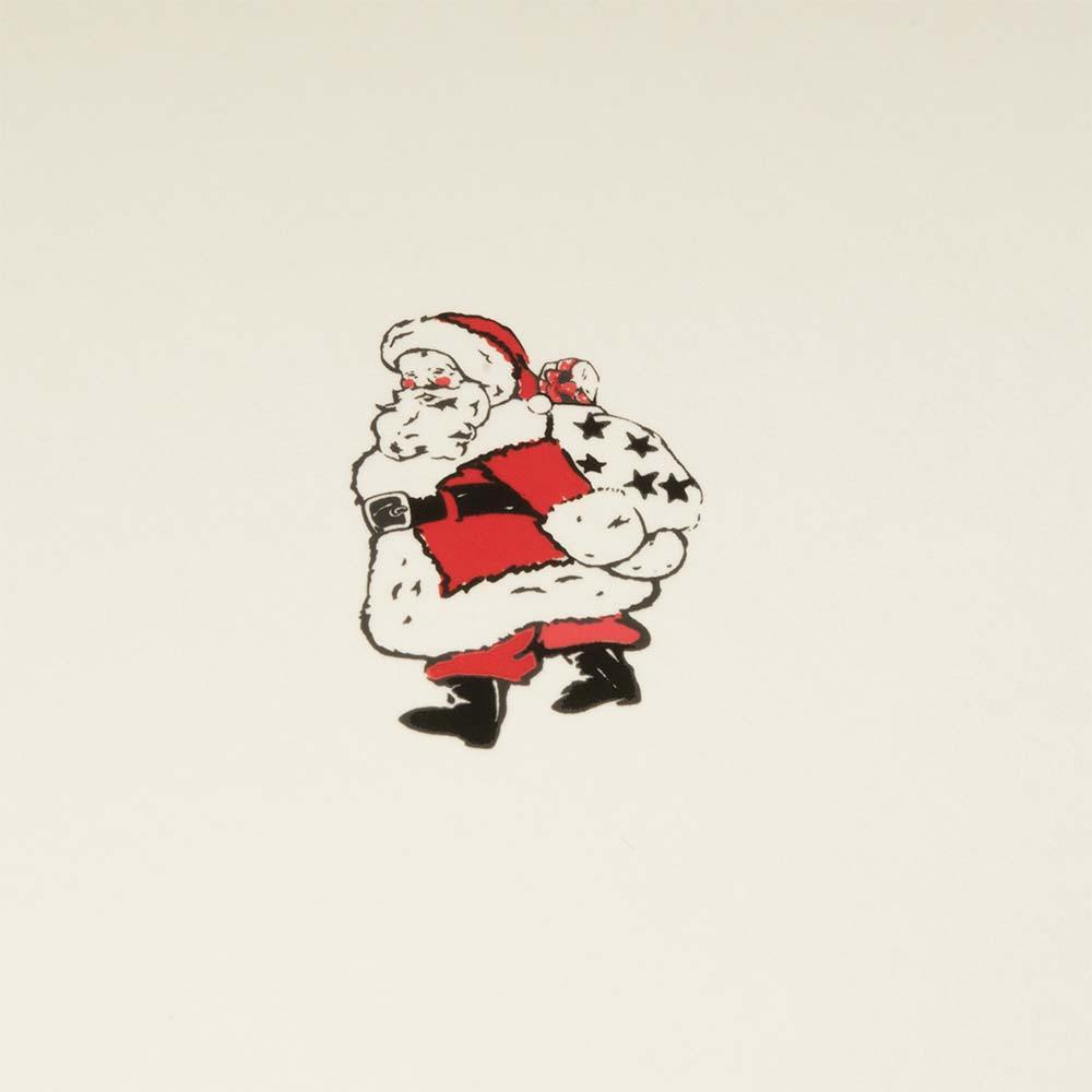 A close-up of a minimalist cream Christmas card with a small Santa Claus illustration in red, black, and white.
