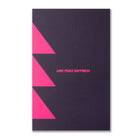 A sleek dark card with neon pink triangle accents and the words LOVE PEACE HAPPINESS in the center.