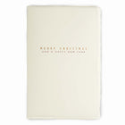 Minimalist Christmas card made from textured cream deckle-edged paper, featuring delicate gold lettering that reads “Merry Christmas and Happy New Year".