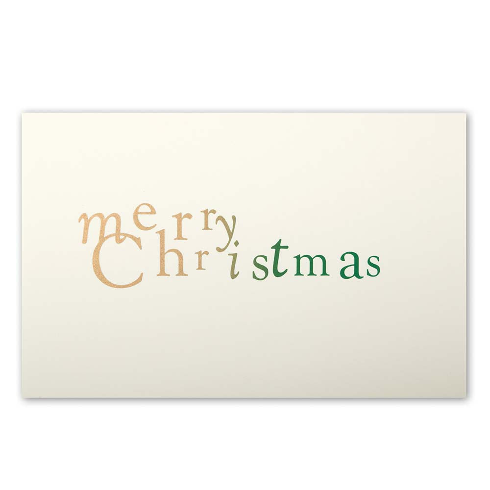Elegant cream Christmas card featuring the phrase 'merry Christmas' in playful gold and green lettering.