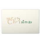 Elegant cream Christmas card featuring the phrase 'merry Christmas' in playful gold and green lettering.