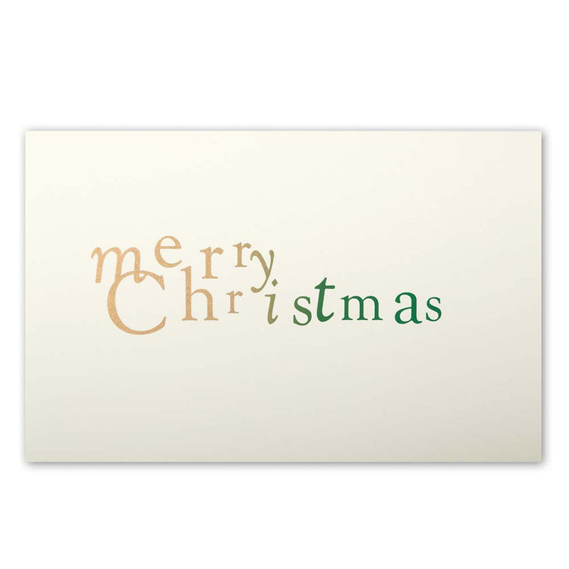 Elegant cream Christmas card featuring the phrase 'merry Christmas' in playful gold and green lettering.