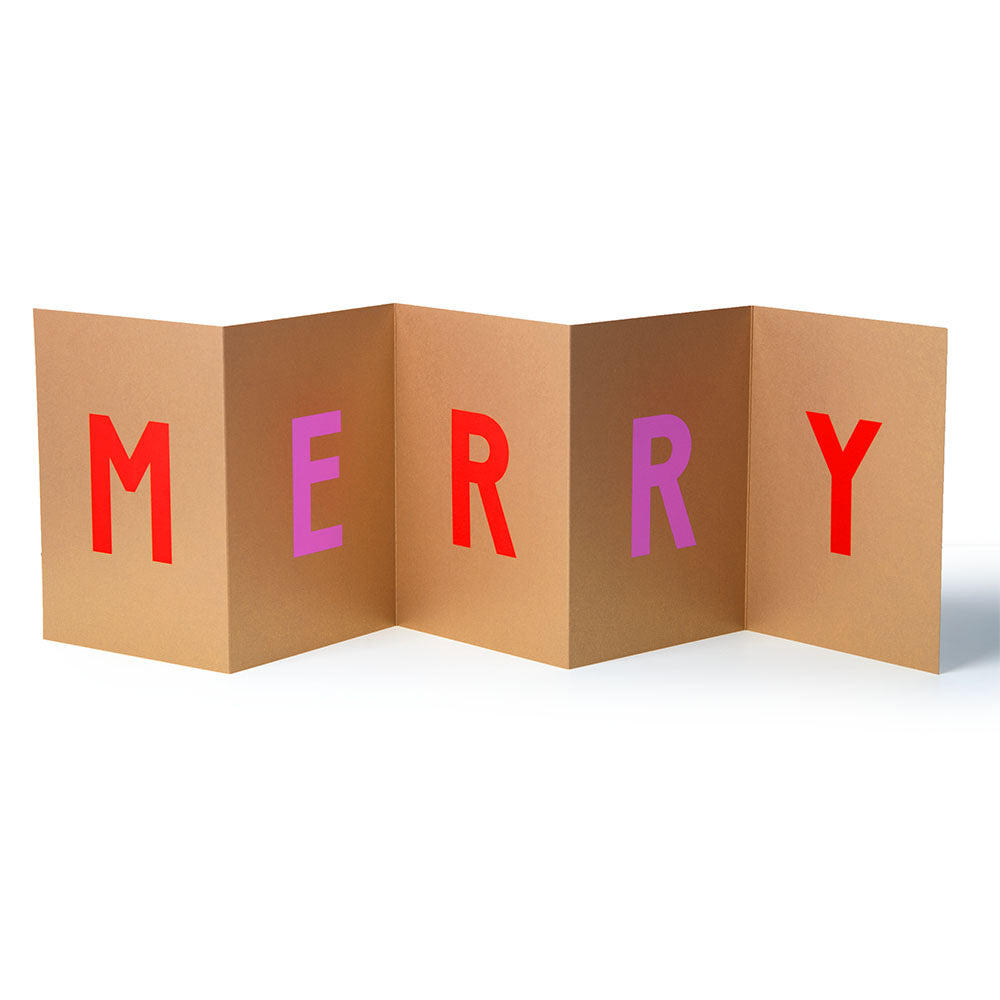 Accordion-style Christmas card spelling “MERRY” in bold red and pink letters on a gold background.