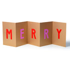 Accordion-style Christmas card spelling “MERRY” in bold red and pink letters on a gold background.