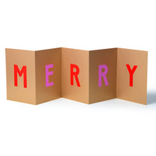 Accordion-style Christmas card spelling “MERRY” in bold red and pink letters on a gold background.