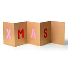 Accordion-style Christmas card spelling “XMAS” in bold red and pink letters on a gold background.