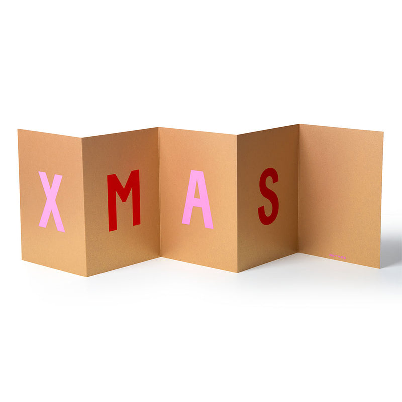 Accordion-style Christmas card spelling “XMAS” in bold red and pink letters on a gold background.