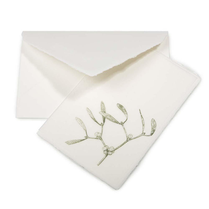 Handmade Christmas Card with Mistletoe Drawing and "Merry Christmas" Inscription, Deckle-Edge and Handmade Envelope