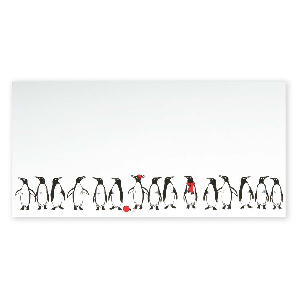 White Christmas card decorated with a row of hand-drawn black and white penguins, some wearing red accessories like a scarf, hat, or holding a ball.