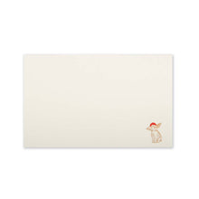 Minimalist cream-colored Christmas card with a small illustration of a rabbit wearing a Santa hat in the bottom right corner.