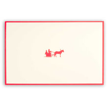 Cream-colored Christmas card with red border, showing a red silhouette of Santa in a sleigh pulled by one reindeer.