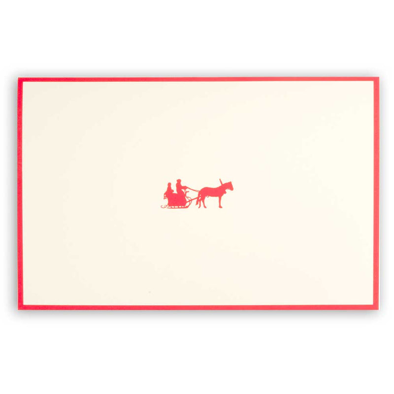 Cream-colored Christmas card with red border, showing a red silhouette of Santa in a sleigh pulled by one reindeer.