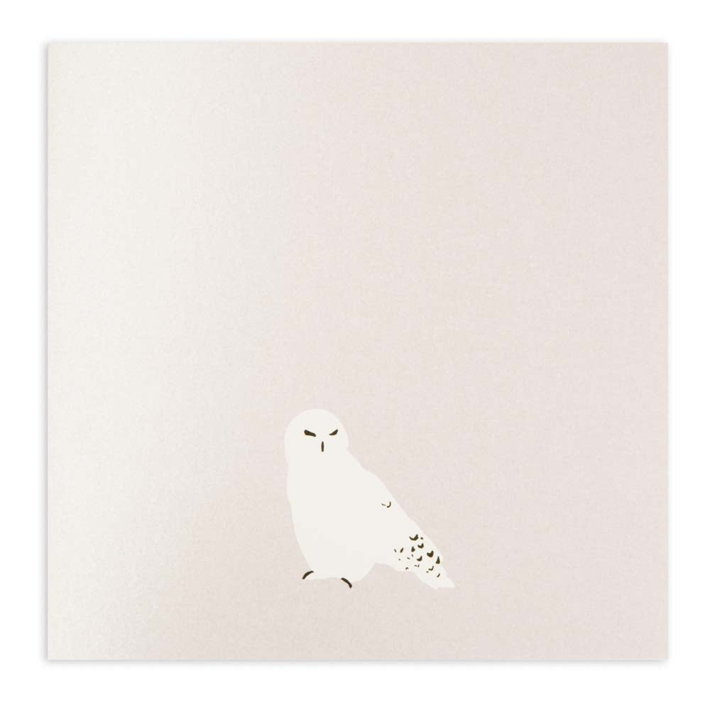 Minimalist Christmas card in pearly white with a simple illustration of a snowy owl.