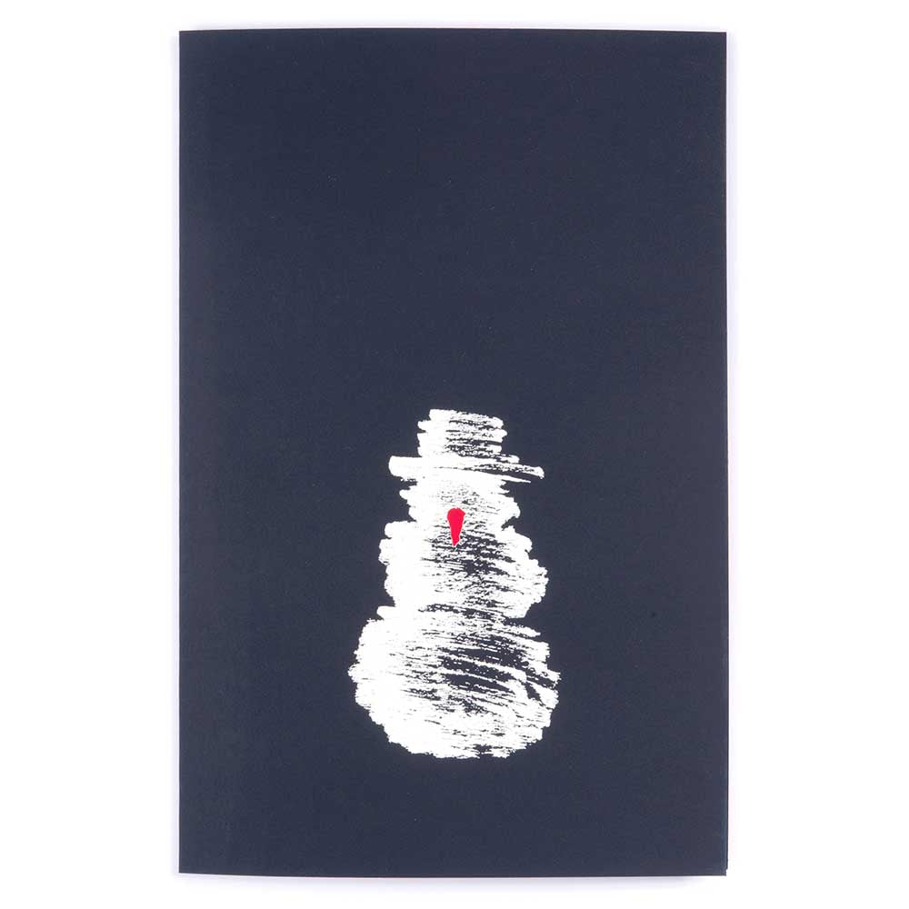 A black Christmas card featuring a rough white sketch of a snowman with a small red carrot nose.