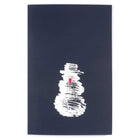 A black Christmas card featuring a rough white sketch of a snowman with a small red carrot nose.