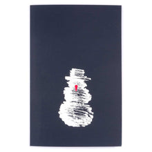 A black Christmas card featuring a rough white sketch of a snowman with a small red carrot nose.