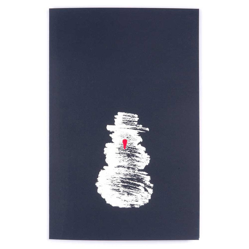A black Christmas card featuring a rough white sketch of a snowman with a small red carrot nose.