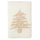 A cream-colored Christmas card with deckled edges, featuring a gold handwritten text design arranged in the shape of a Christmas tree with a small star on top.