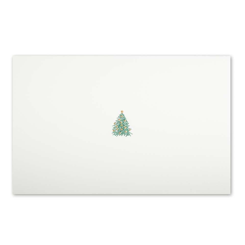 Simple white Christmas card with a small decorated Christmas tree illustration in the center.