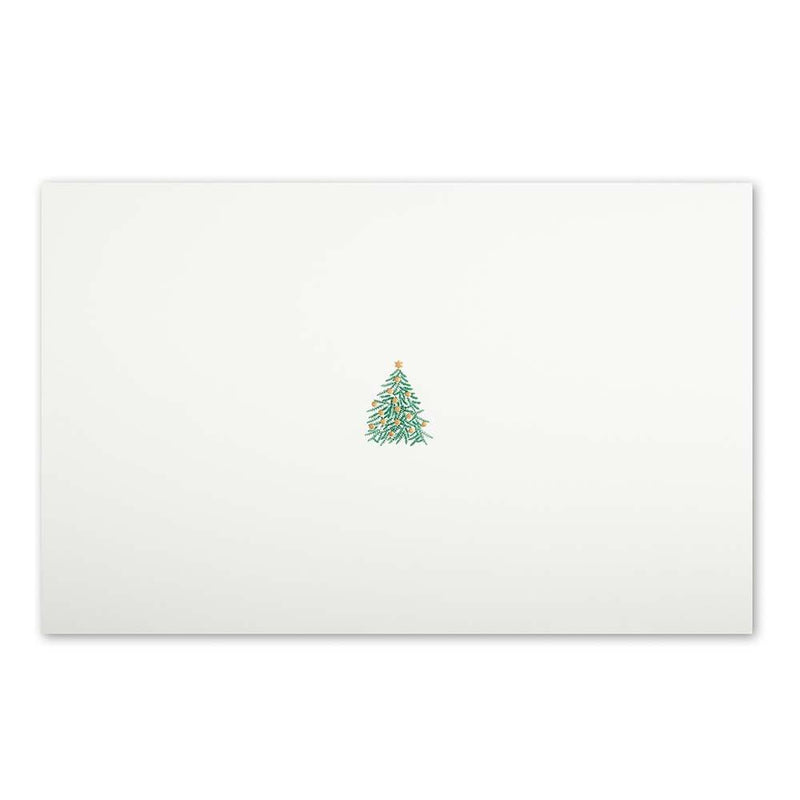 Simple white Christmas card with a small decorated Christmas tree illustration in the center.