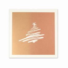 Christmas card on bronze paper with a stylized scribble drawing of a white Christmas tree.