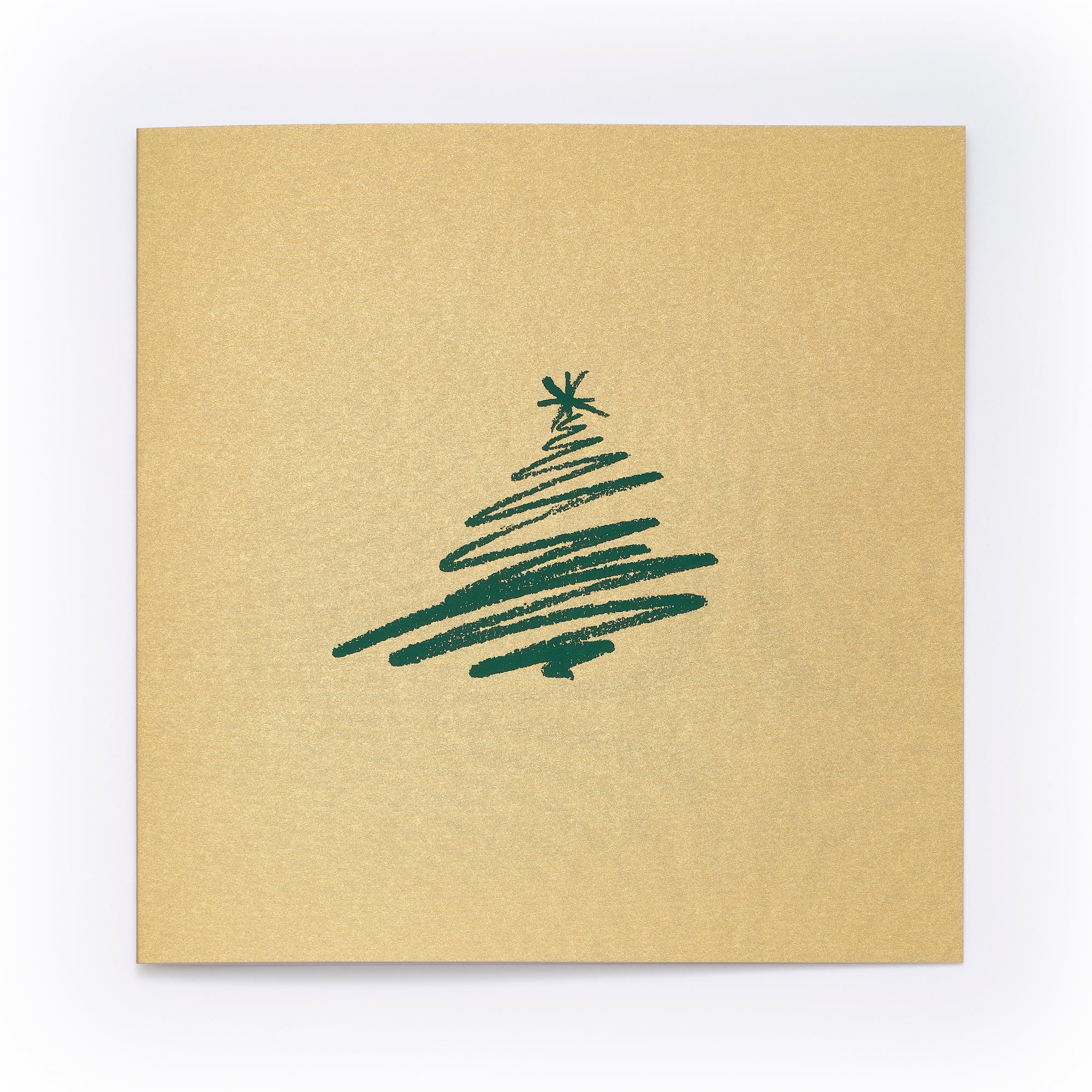 Gold Christmas card with a hand-drawn green Christmas tree illustration in the center.