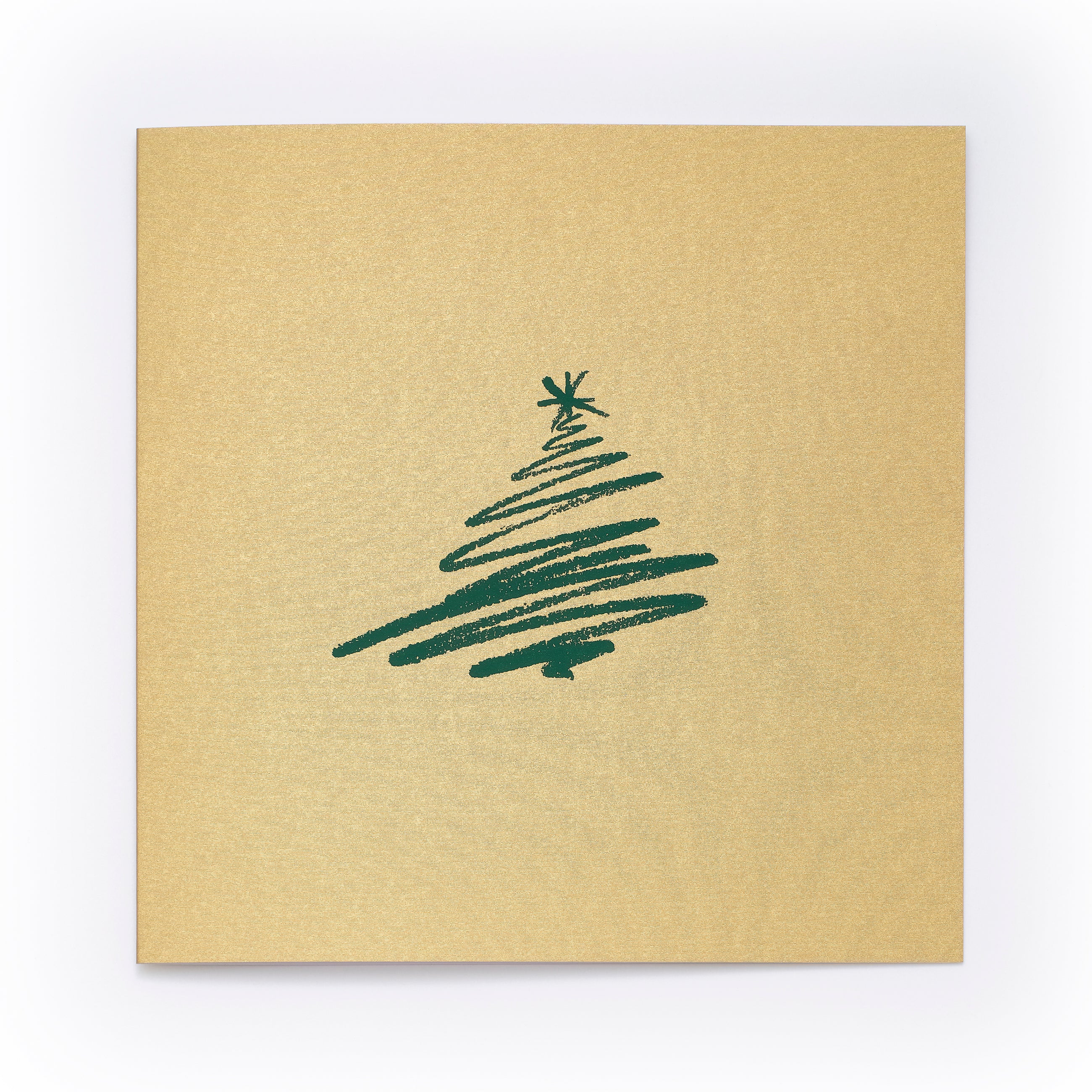 Gold Christmas card with a hand-drawn green Christmas tree illustration in the center.