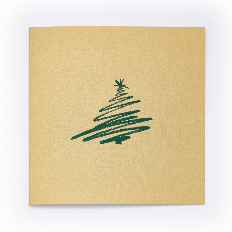 Gold Christmas card with a hand-drawn green Christmas tree illustration in the center.