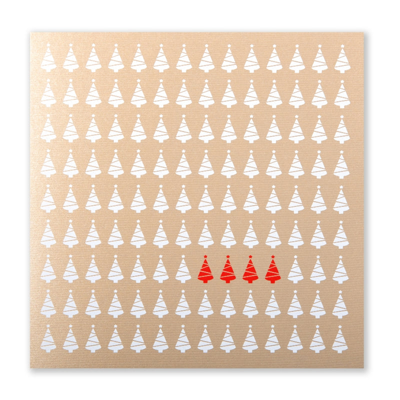 Minimalist Christmas card featuring rows of white Christmas tree icons with a few red trees highlighted in the center.
