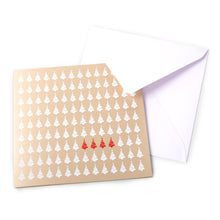 Minimalist Christmas card featuring rows of white Christmas tree icons with a few red trees highlighted in the center, paired with a plain white envelope.