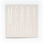 A square cream-colored Christmas card with embossed tall block letters spelling "MERRY CHRISTMAS".