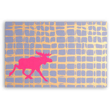 Modern Christmas card with a bright pink moose silhouette against a blue and gold grid-like background.