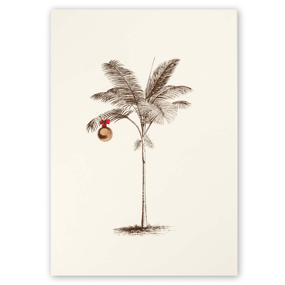 Tropical-themed cream Christmas card featuring a finely sketched palm tree with a single gold ornament hanging from its fronds.