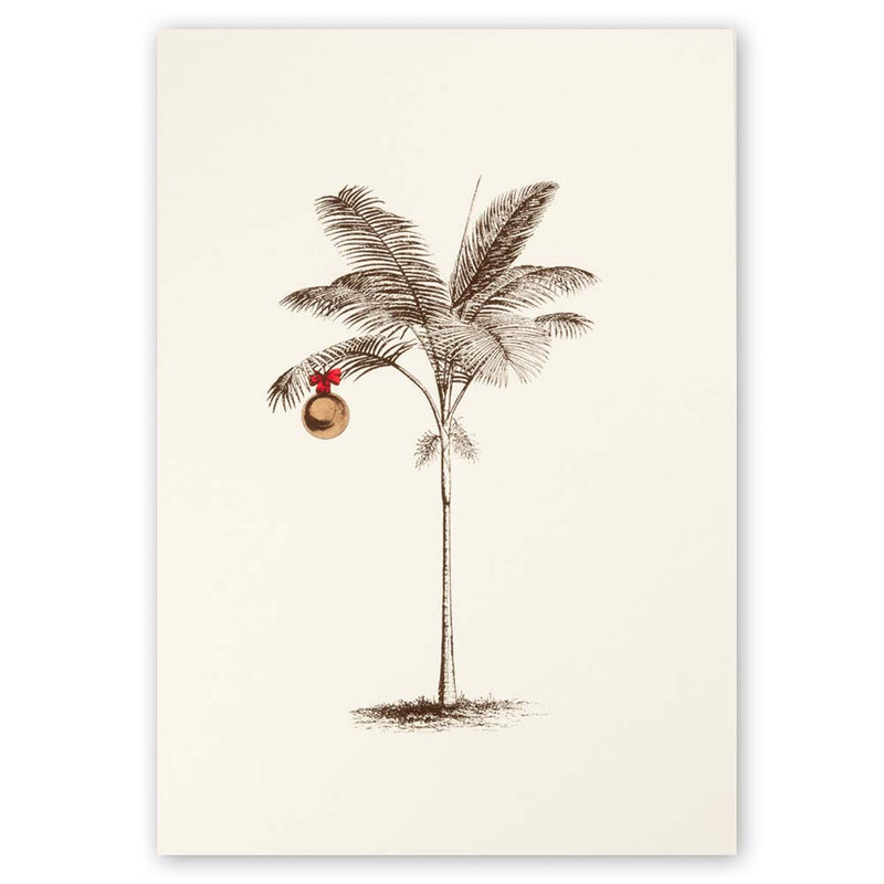 Tropical-themed cream Christmas card featuring a finely sketched palm tree with a single gold ornament hanging from its fronds.