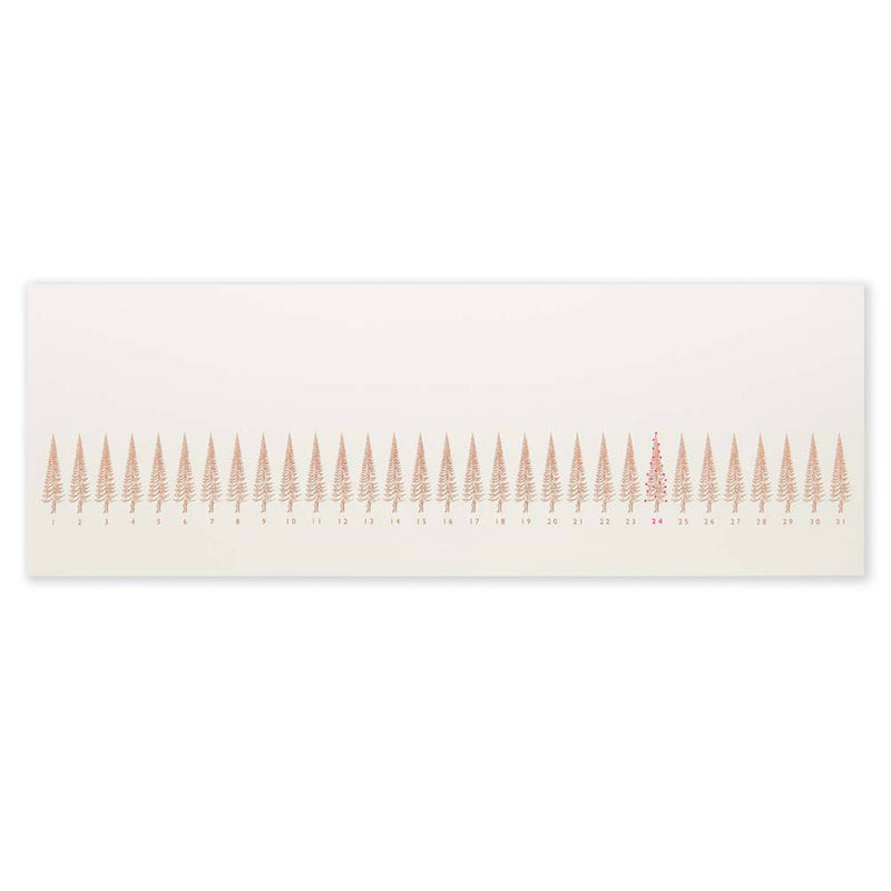 Long, slim Christmas card with a row of stylized gold Christmas trees, numbered like a calendar up to 31. The tree on the 24th is highlighted in red.