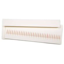 Long, slim Christmas card with a row of stylized gold Christmas trees, numbered like a calendar up to 31. The tree on the 24th is highlighted in red. Comes with a white envelope.