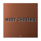 Brown Christmas card with bold black and white shadow text spelling “MRRY CHRSTMS” in a playful, minimalist font.
