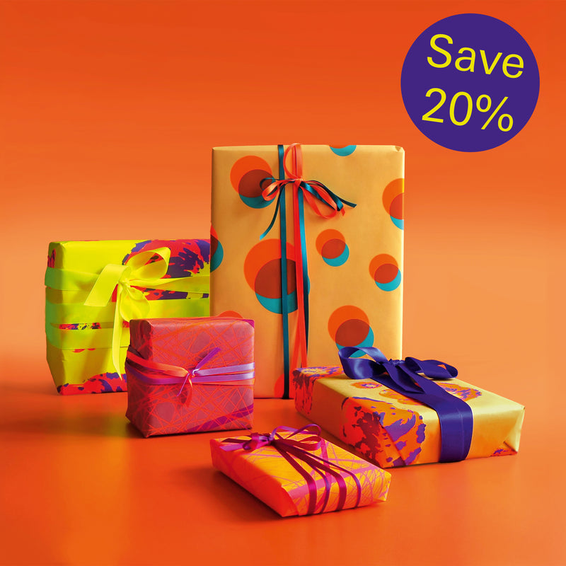 Gift wrapping paper with decorative ribbons and ornaments on an orange background, featuring a 'Save 20%' label.